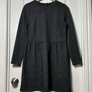 LOFT Petite Charcoal Plaid Long Sleeve Cinched Waist Dress Dark Academia Style